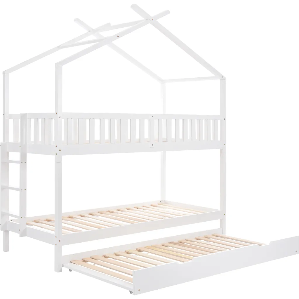 Merax Kinderbett 90x200cm Etagenbett Hochbetten Mit Leiter, Rausfallschutz Und Dachform, Ausziehbett Drei Einzelbetten Hoch Doppel Stockbett Für Kinderzimmer, Kiefernholz Rahmen, Weiß 10 Merax Kinderbett 90x200cm Etagenbett Hochbetten Mit Leiter, Rausfallschutz Und Dachform, Ausziehbett Drei Einzelbetten Hoch Doppel Stockbett Für Kinderzimmer, Kiefernholz Rahmen, Weiß – Bild 8