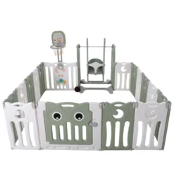 Merax Laufgitter Faltbar Laufstall Baby Absperrgitter 14+2 Paneele Schutzgitter Mit Schaukel, Rutsche, Basketballkorb Und BB-Sound-Knopf, Krabbelgitter Aus Kunststoff Für Kinder, Grün+ Weiß -Barbie Store c2f5a6f89b971d96124559362d4dfaae
