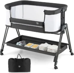 COSTWAY 2 In 1 Beistellbett & Stubenwagen Klappbar, Tragbare Babybett Mit 7 Verstellbaren Höhen & Matratze & Tragetasche & Gurte, Verstellbare Reisebett Für Neugeborene Bis 6 Monate (Dunkelgrau)