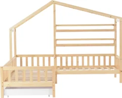 Merax Kinderbett 90x200cm/140x70cm Hausbett Mit Schubladen Und Regalen, Zaun Und Lattenrost, Spielbett Kinderhaus Aus Kiefernholz Für Zwei Kinder, Natur -Barbie Store cc106e832d9b6dffb88108daf2ed9dc5