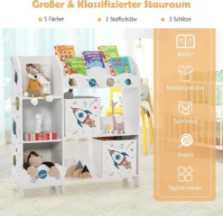COSTWAY Freistehender Kinderzimmerschrank, 3-stöckiger Kinderzimmerregal, Spielzeug-Organizer Für Kleinkinder Mit 5 Fächern & 2 Aufbewahrungsboxen & 3 Regalen (Planetenrakete) -Barbie Store cde83ed880288021d108e70f4cad90e6