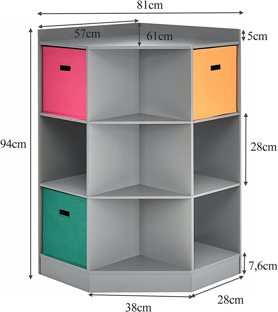 COSTWAY 3-stöckiges Kinderregal Mit 6 Offenen Regalen & 3 Farbigen Körben, Moderner Eckregal Zur Aufbewahrung, Aufbewahrungsschrank Mit 9 Fächern, Beistellschrank Für Kinderzimmer, Wohnzimmer (Grau) 6 COSTWAY 3-stöckiges Kinderregal Mit 6 Offenen Regalen & 3 Farbigen Körben, Moderner Eckregal Zur Aufbewahrung, Aufbewahrungsschrank Mit 9 Fächern, Beistellschrank Für Kinderzimmer, Wohnzimmer (Grau) – Bild 4