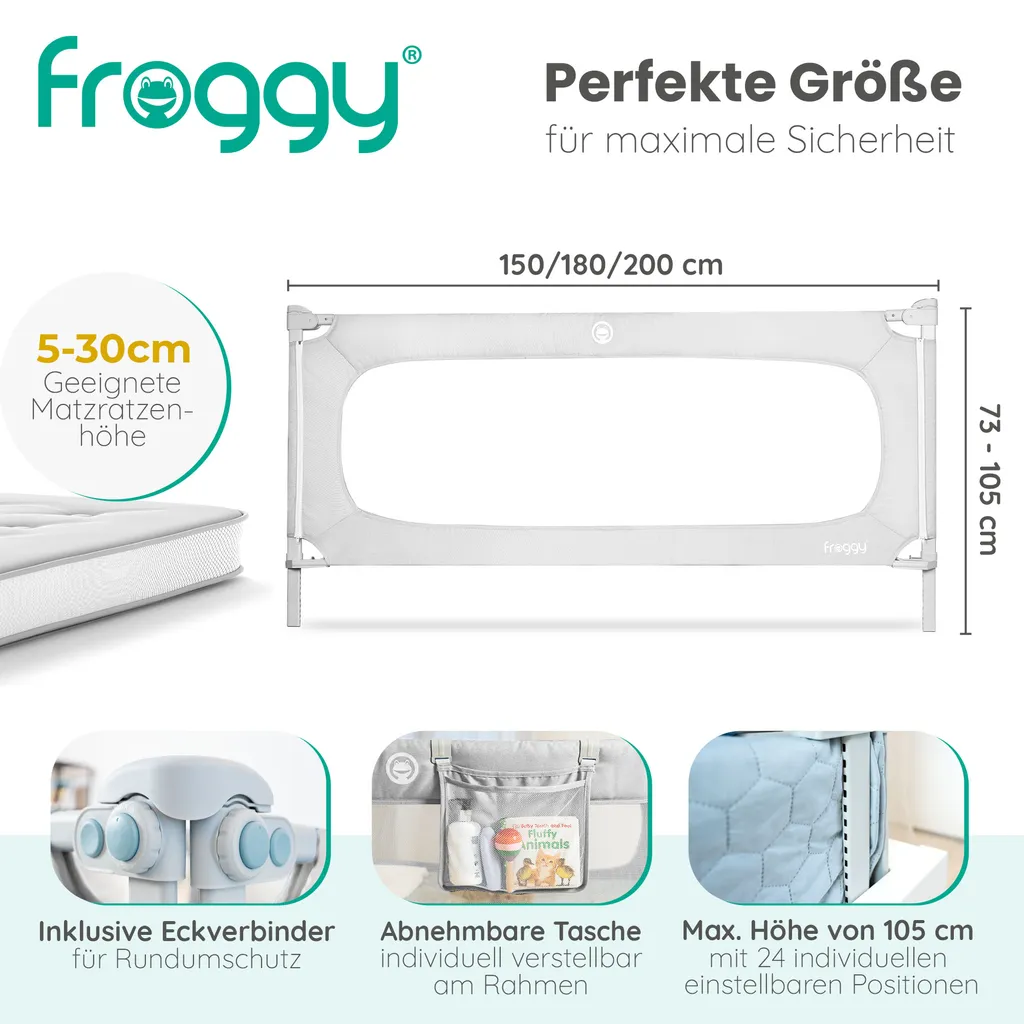 FROGGY Bettgitter 200cm Höhenverstellbar 73-105cm Baby Bettschutzgitter Für Kinder- & Elternbetten Geeignet 7 FROGGY Bettgitter 200cm Höhenverstellbar 73-105cm Baby Bettschutzgitter Für Kinder- & Elternbetten Geeignet – Bild 5