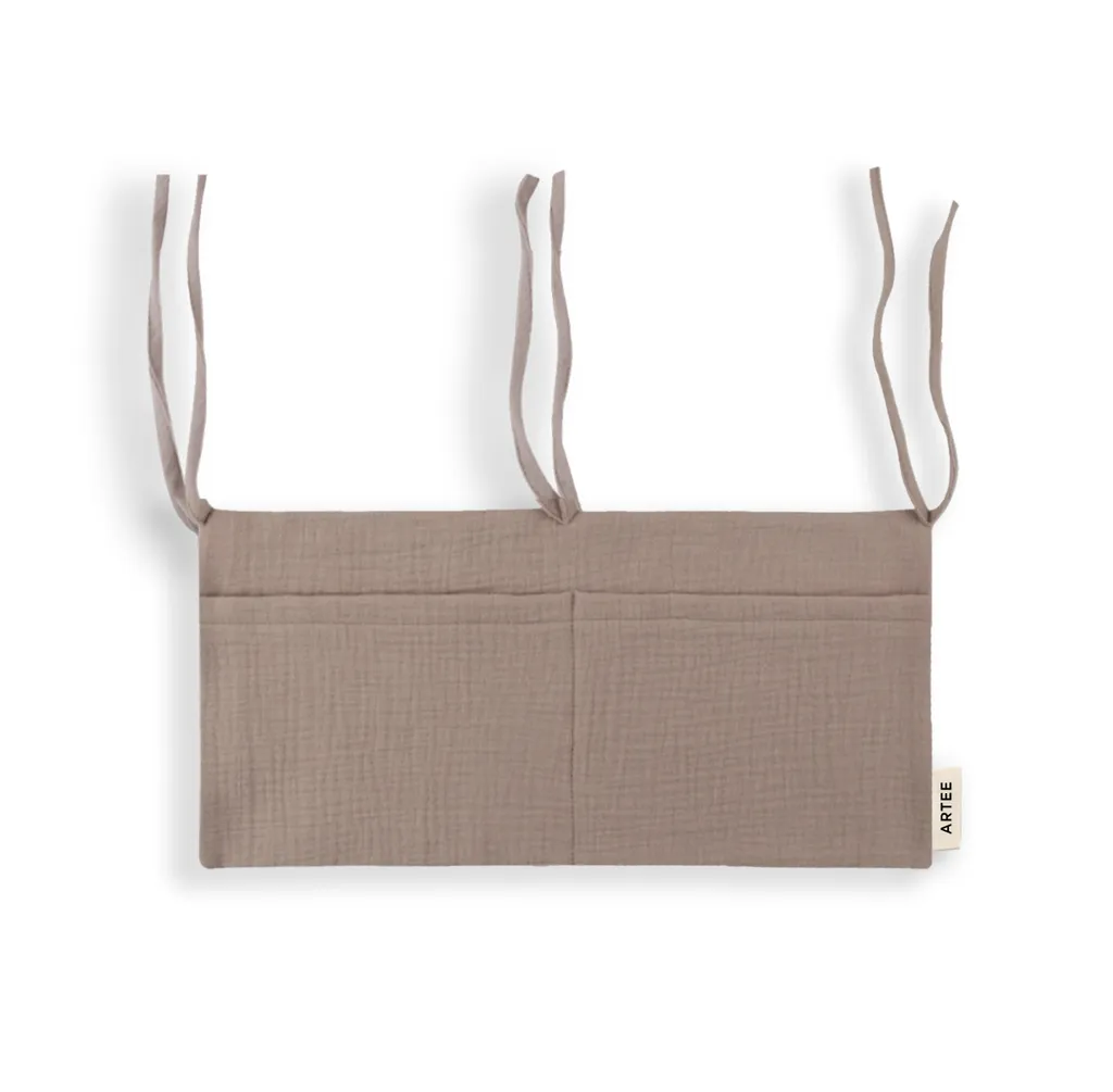Babybett Organizer Tasche Aufbewahrung Aus Musselin Farbe Taupe 4 Babybett Organizer Tasche Aufbewahrung Aus Musselin Farbe Taupe – Bild 2