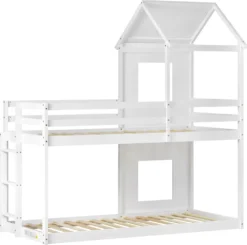 Merax Etagenbett 90x200 Cm Hochbett Mit Treppe Und Lattenrost, Dach Und Rausfallschutz, Kieferholzbett Kinderbett Für 2 Kinder, Weiß -Barbie Store d1d31737f6440aa4cabf423837d414a1