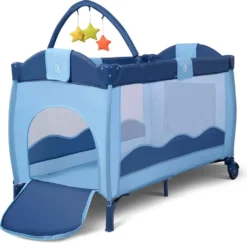 COSTWAY Reisebett Klappbar Babyreisebett Kinderreisebett Mit Rollen Babybett Kinderbett Inkl. Spielbogen Tragetasche Wickelauflage Blau -Barbie Store d4f5718e245c11d540980f718fe3a5d4