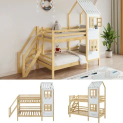 Merax Etagenbett 90x200cm Kinderbett Mit Leiter, Fallschutz Und Lattenrost, Hochbett Stockbett Kiefer Holzbett Hausbett Mit Dach Und Fenster, Weiß/Natur -Barbie Store d5997300600c6201032c1ba7624feb40
