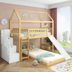 Merax Etagenbett 90x200cm Kinderbett Mit Rutsche, Treppe Mit Stauraum, Fallschutz Und Handlauf, Hausbett Aus Massivholz In Natur Und Weiß, 2 Einzelbetten Stockbett Für Kinderzimmer -Barbie Store d66bc5298fb7da80c691ac7f18cefbbe