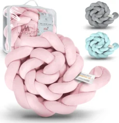MASCHKY | Bettschlange Geflochten – Bettumrandung Babybett 2m Rosa – Weiches Nestchen Baby + Wäschenetz – Babybett Umrandungen + Tragetasche