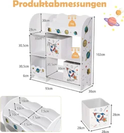 COSTWAY Freistehender Kinderzimmerschrank, 3-stöckiger Kinderzimmerregal, Spielzeug-Organizer Für Kleinkinder Mit 5 Fächern & 2 Aufbewahrungsboxen & 3 Regalen (Planetenrakete) -Barbie Store dd8dadfb4e5926a4baa4d95433ac684e