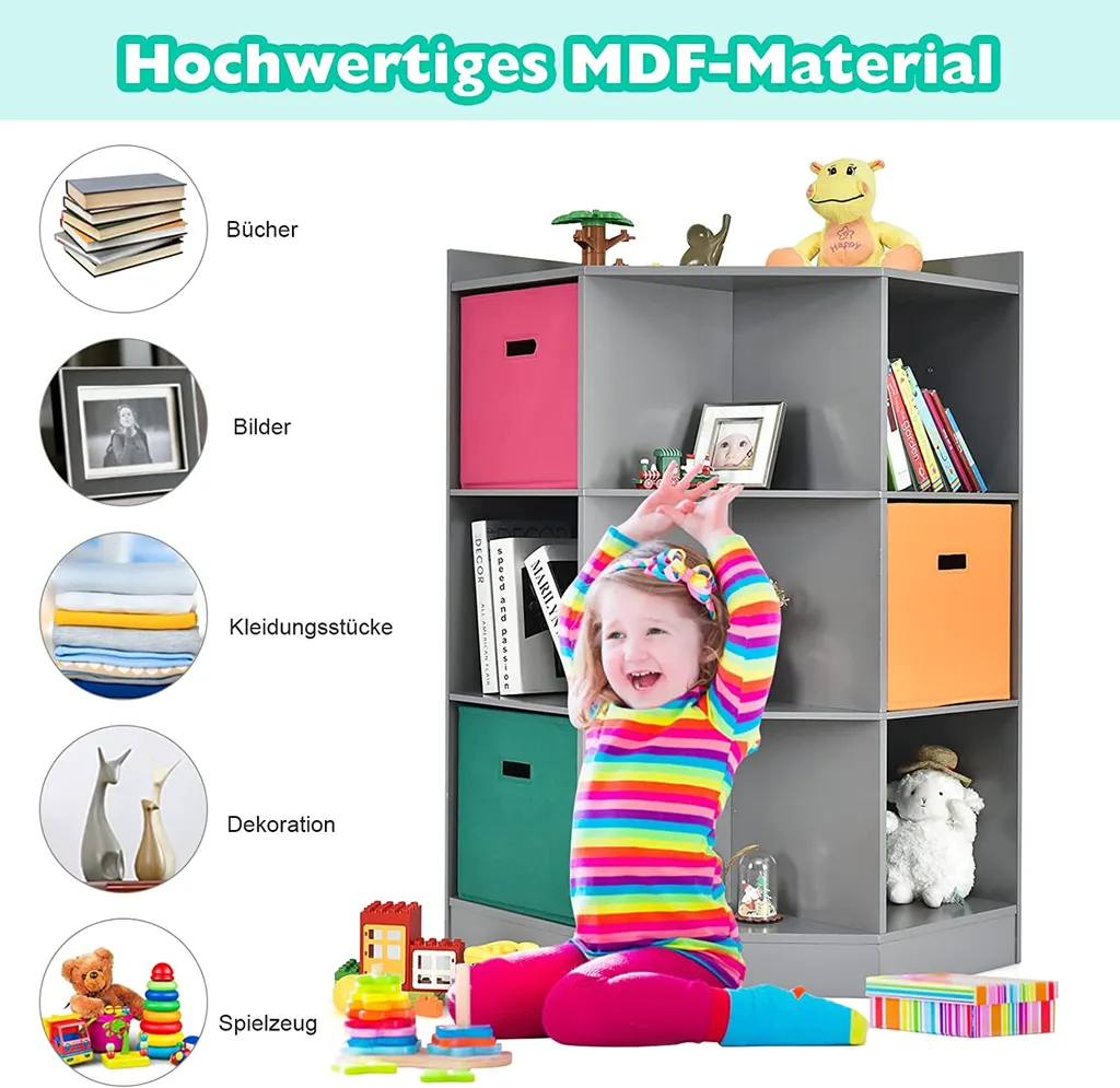 COSTWAY 3-stöckiges Kinderregal Mit 6 Offenen Regalen & 3 Farbigen Körben, Moderner Eckregal Zur Aufbewahrung, Aufbewahrungsschrank Mit 9 Fächern, Beistellschrank Für Kinderzimmer, Wohnzimmer (Grau) 4 COSTWAY 3-stöckiges Kinderregal Mit 6 Offenen Regalen & 3 Farbigen Körben, Moderner Eckregal Zur Aufbewahrung, Aufbewahrungsschrank Mit 9 Fächern, Beistellschrank Für Kinderzimmer, Wohnzimmer (Grau) – Bild 2