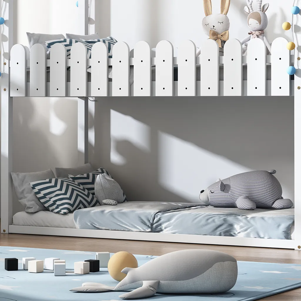 Merax Etagenbett 90x200 Cm Doppelstockbett Mit Treppeschubladen, Zaun Und Dachform, 2 Einzelbetten Doppel Stockbett Für Zwei Kinder, Kinderbett Hochbett Aus Kiefer, Weiß 4 Merax Etagenbett 90x200 Cm Doppelstockbett Mit Treppeschubladen, Zaun Und Dachform, 2 Einzelbetten Doppel Stockbett Für Zwei Kinder, Kinderbett Hochbett Aus Kiefer, Weiß – Bild 2