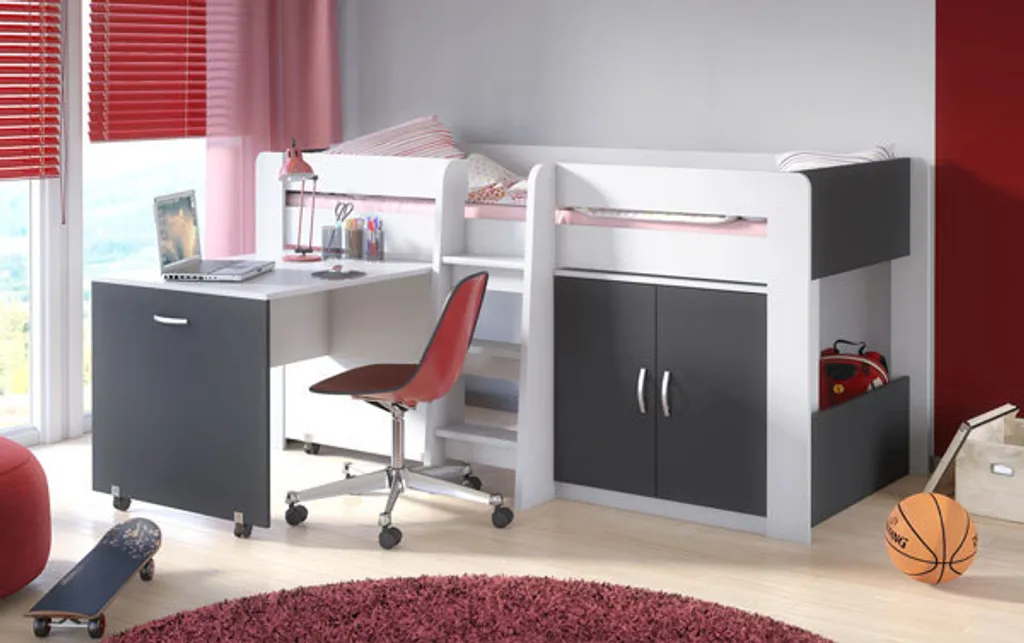 Hochbett Kombination Funky IV Mit Schreibtisch Und Kommode 90x200cm Weiß - Dunkelgrau 4 Hochbett Kombination Funky IV Mit Schreibtisch Und Kommode 90x200cm Weiß - Dunkelgrau – Bild 2