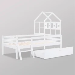 Merax Kinderbett Miki Hochbett Mit Leiter Und Schubladen, Inkl. Lattenrost Und Rausfallschutz, Hausbett 160x80cm Kinderhaus Jugendbett Spielbett Aus Massivholz, Weiß -Barbie Store e620451647513ad9e0dd4d95aa0f7b98