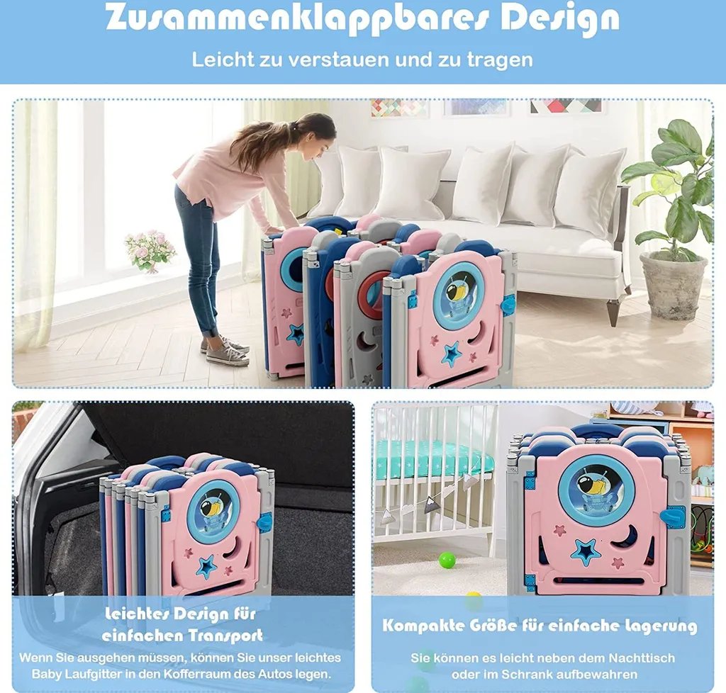 COSTWAY Laufgitter Mit Tür Und Spielzeugboard, Baby Laufstall Faltbar, Absperrgitter Aus Kunststoff, Krabbelgitter, Spielzaun Für Kinder, Schutzgitter (14 Paneelen, Deluxe) 5 COSTWAY Laufgitter Mit Tür Und Spielzeugboard, Baby Laufstall Faltbar, Absperrgitter Aus Kunststoff, Krabbelgitter, Spielzaun Für Kinder, Schutzgitter (14 Paneelen, Deluxe) – Bild 3