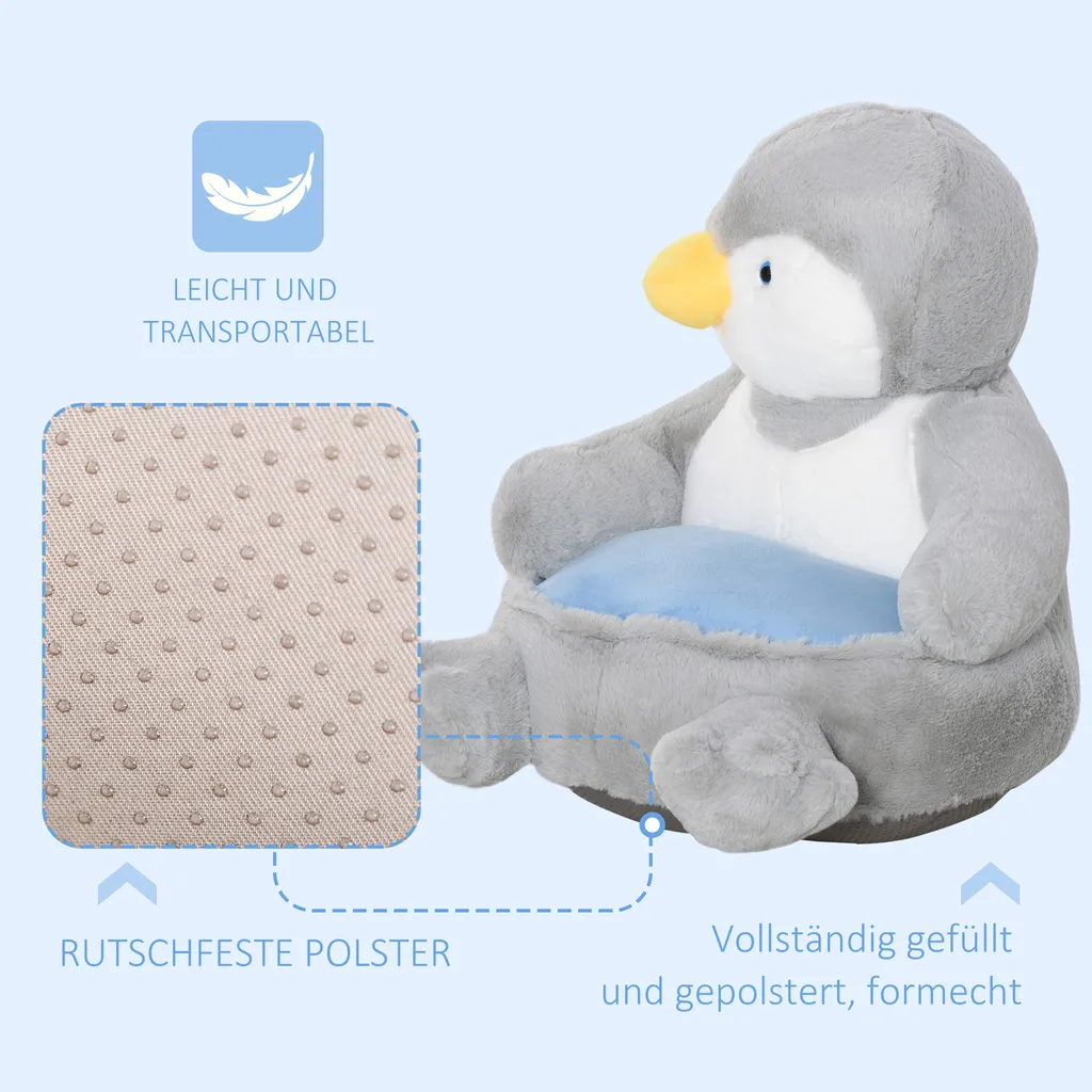 HOMCOM Plüsch-Kindersessel Plüschtier Kinderstuhl Sofa Pinguin Für Spielzimmer Kinderzimmer Für 18-36 Monaten Hellgrau+Blau 59 X 50 X 59 Cm 7 HOMCOM Plüsch-Kindersessel Plüschtier Kinderstuhl Sofa Pinguin Für Spielzimmer Kinderzimmer Für 18-36 Monaten Hellgrau+Blau 59 X 50 X 59 Cm – Bild 5
