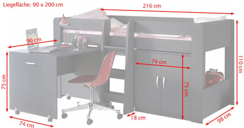 Hochbett Kombination Funky IV Mit Schreibtisch Und Kommode 90x200cm Weiß - Dunkelgrau 5 Hochbett Kombination Funky IV Mit Schreibtisch Und Kommode 90x200cm Weiß - Dunkelgrau – Bild 3