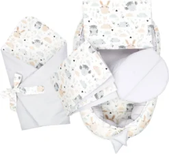 Babynestchen Set Neugeborene - Kuschelnest Baby Nestchen Bett Set 5- Teilig Kokon Babyhörnchen Baumwolle Hellgrau Mit Eulen Und Hasen Motiv
