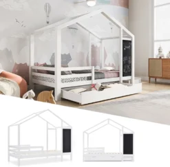 Merax Kinderbett Adele 90x200cm Hausbett Mit Tafel Und 2 Schubladen, Zaun Und Lattenrost, Spielbett Bett Kinderhaus Aus Massivholz, Weiß -Barbie Store ed4265a0f28ee1ba0e6693bd67458dd4