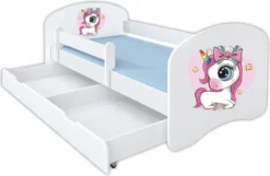 Kinderbett HAPPY 160x80 Mit Matratze, Schublade, Rausfallschutz & Lattenrost In Weiß - Einhorn - Jungen Mädchen Bett