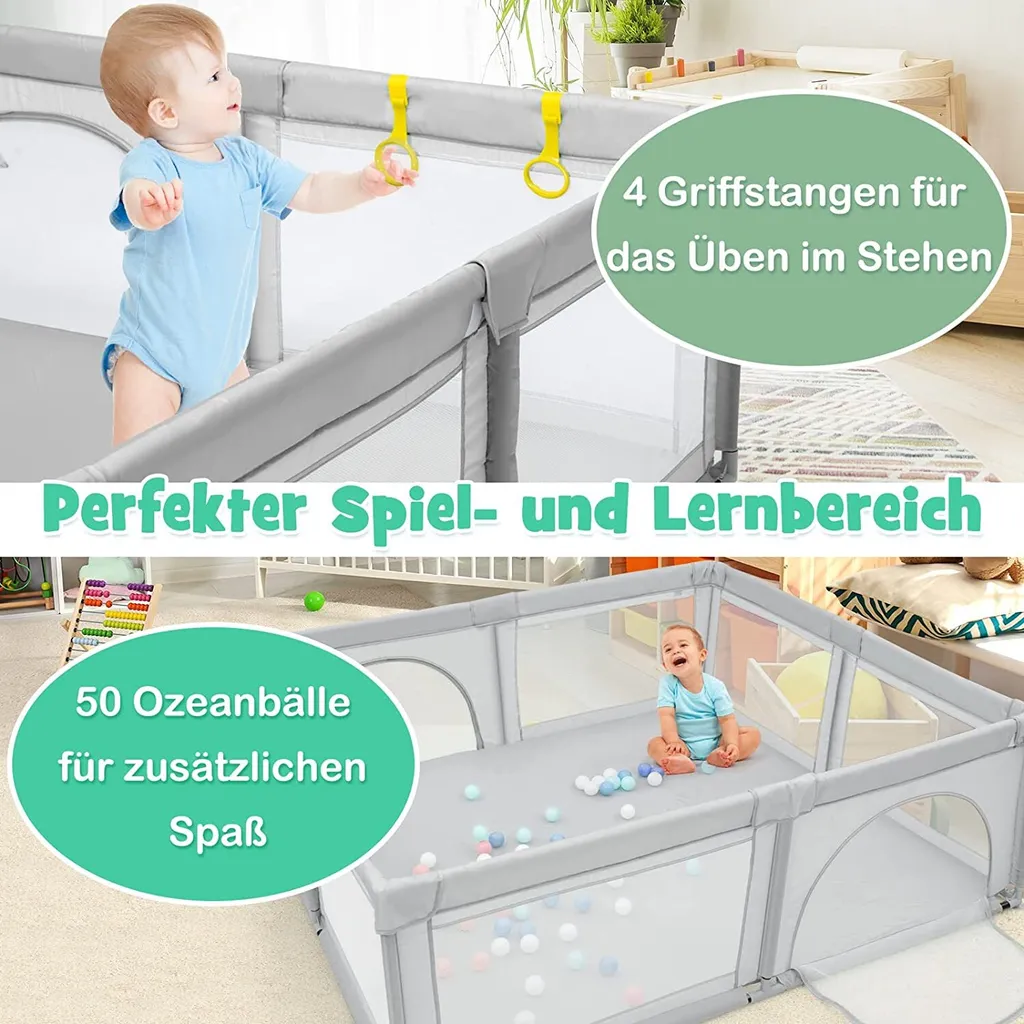 COSTWAY 206 X 185,5cm Baby Laufstall Mit 50 Spielbällen, Laufgitter Mit Atmungsaktivem Netz Und Reißverschluss, Krabbelgitter Mit 2 Türen, Laufgitterzelt Für Säuglinge Und Kinder (Grau) 4 COSTWAY 206 X 185,5cm Baby Laufstall Mit 50 Spielbällen, Laufgitter Mit Atmungsaktivem Netz Und Reißverschluss, Krabbelgitter Mit 2 Türen, Laufgitterzelt Für Säuglinge Und Kinder (Grau) – Bild 2