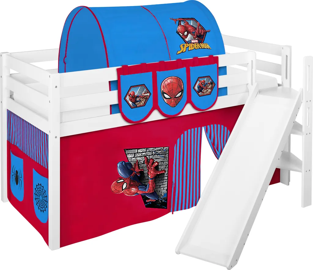 Spielbett JELLE 90 X 200 Cm Spiderman - Hochbett LILOKIDS - Weiß - Mit Schräger Rutsche Und Vorhang 3 Spielbett JELLE 90 X 200 Cm Spiderman - Hochbett LILOKIDS - Weiß - Mit Schräger Rutsche Und Vorhang