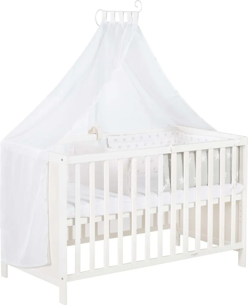 Roba Mulitfunktionsbett Sterne Grau Mit Beistellfunktion, Lattenrost, Matratze, Bettreduzierer, Himmel, Himmelstange, Kinderbett, Anstellbett, Babybett, Höhenverstellbar, Liegefläche 60x120 Cm, Weiß 3 Roba Mulitfunktionsbett Sterne Grau Mit Beistellfunktion, Lattenrost, Matratze, Bettreduzierer, Himmel, Himmelstange, Kinderbett, Anstellbett, Babybett, Höhenverstellbar, Liegefläche 60x120 Cm, Weiß