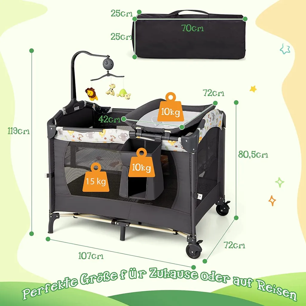 COSTWAY 4 In 1 Klappbares Reisebett & Beistellbett & Wickeltisch & Laufstall Rollbar, 2 Ebenen Babybett Inkl. Spielbogen, Matratze, Wickelauflage, Windelaufbewahrung Und Spieluhr (Hellgrau) 6 COSTWAY 4 In 1 Klappbares Reisebett & Beistellbett & Wickeltisch & Laufstall Rollbar, 2 Ebenen Babybett Inkl. Spielbogen, Matratze, Wickelauflage, Windelaufbewahrung Und Spieluhr (Hellgrau) – Bild 4