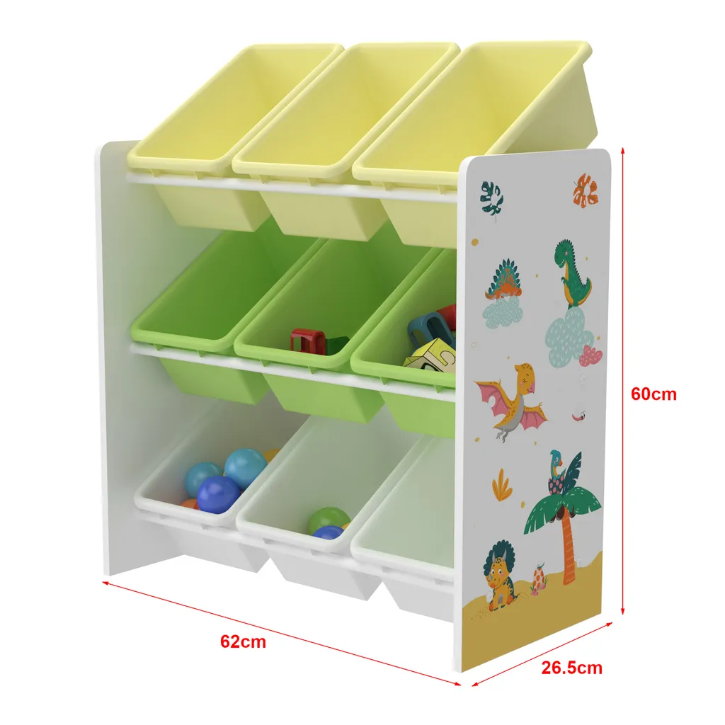 Kinderregal Muxía Mit 9 Aufbewahrungsboxen Spielzeugregal Mit Dinosaurier-Motiv Spielregal Weiß Grün Gelb Kinderzimmer Organizer 5 Kinderregal Muxía Mit 9 Aufbewahrungsboxen Spielzeugregal Mit Dinosaurier-Motiv Spielregal Weiß Grün Gelb Kinderzimmer Organizer – Bild 3