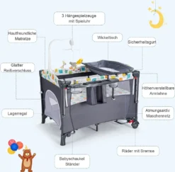 5 In 1 Babybett Mit Matratze, Reisebett Baby Mit Wickeltisch, Spieluhr Und Spielzeug, Laufstall | Beistellbett | Babyschaukel Für Baby Ab Geburt (Grau) -Barbie Store fcd72b0952260189747e7edb177ab03d